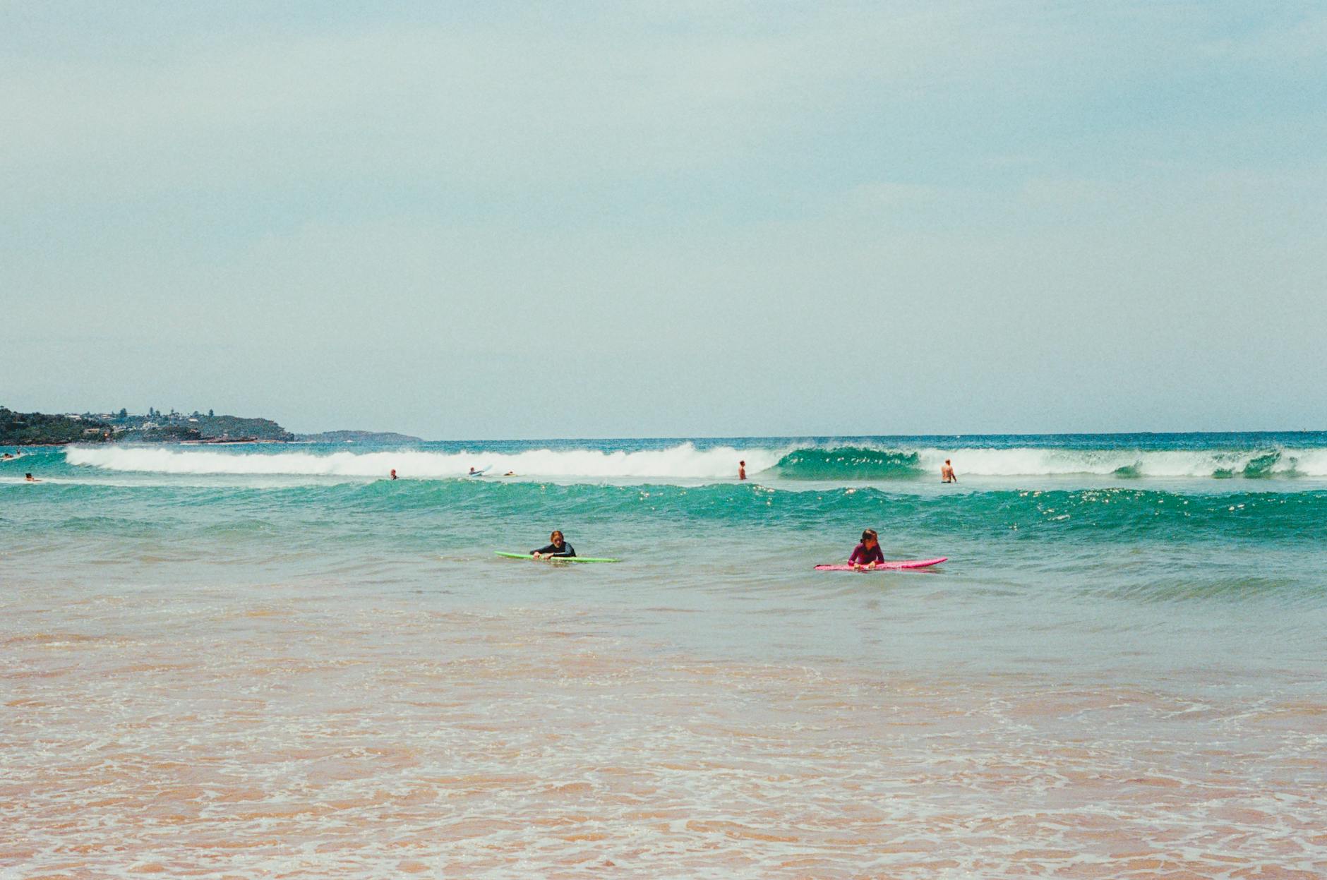 Manly Beach Sydney with surfers and pine tree promenade
