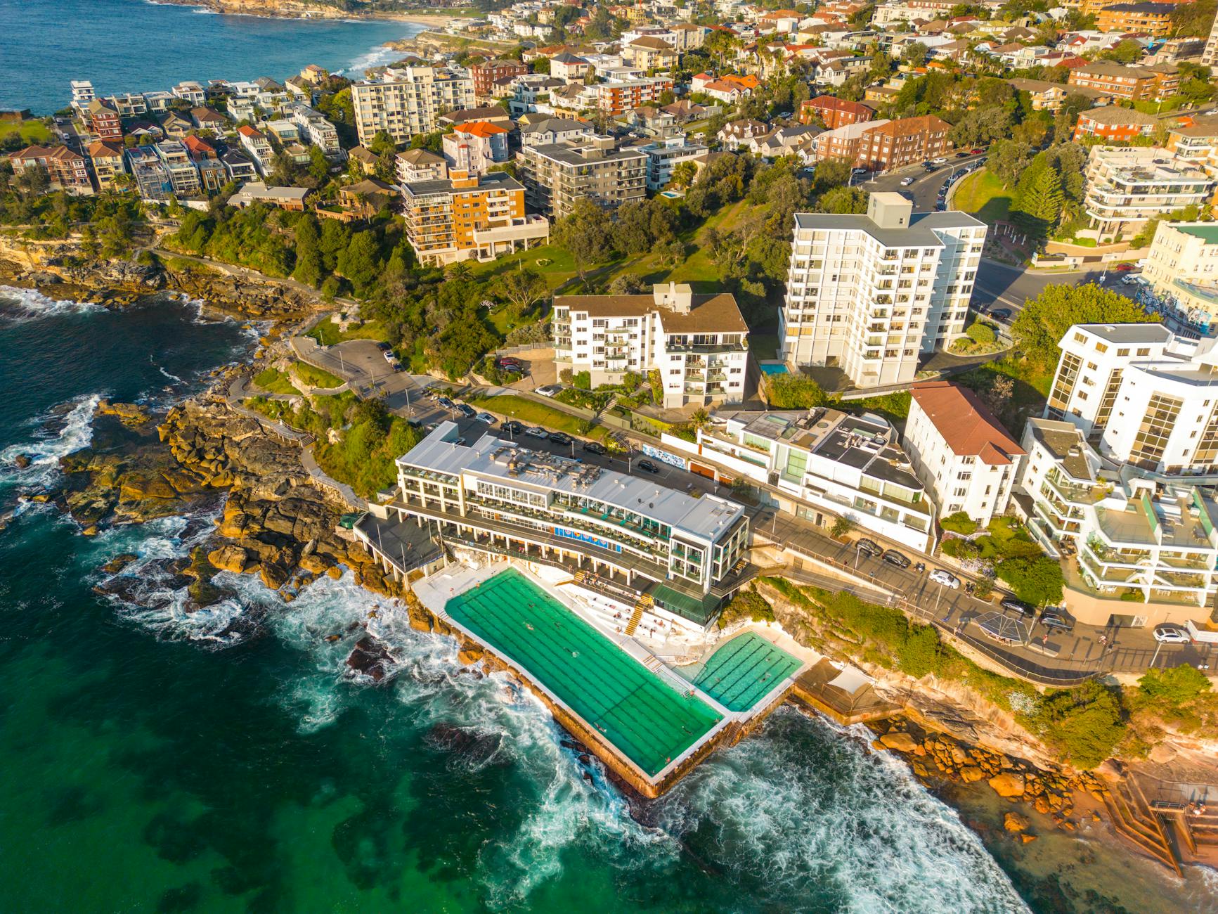 Bondi Beach Sydney aerial view of beachfront hotels and surf