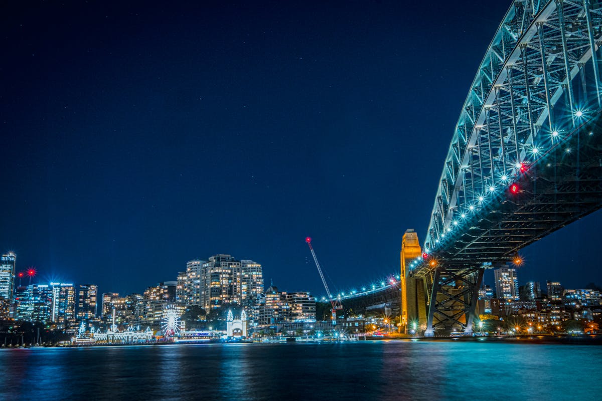 Sydney Harbour Bridge illuminated at night with city lights