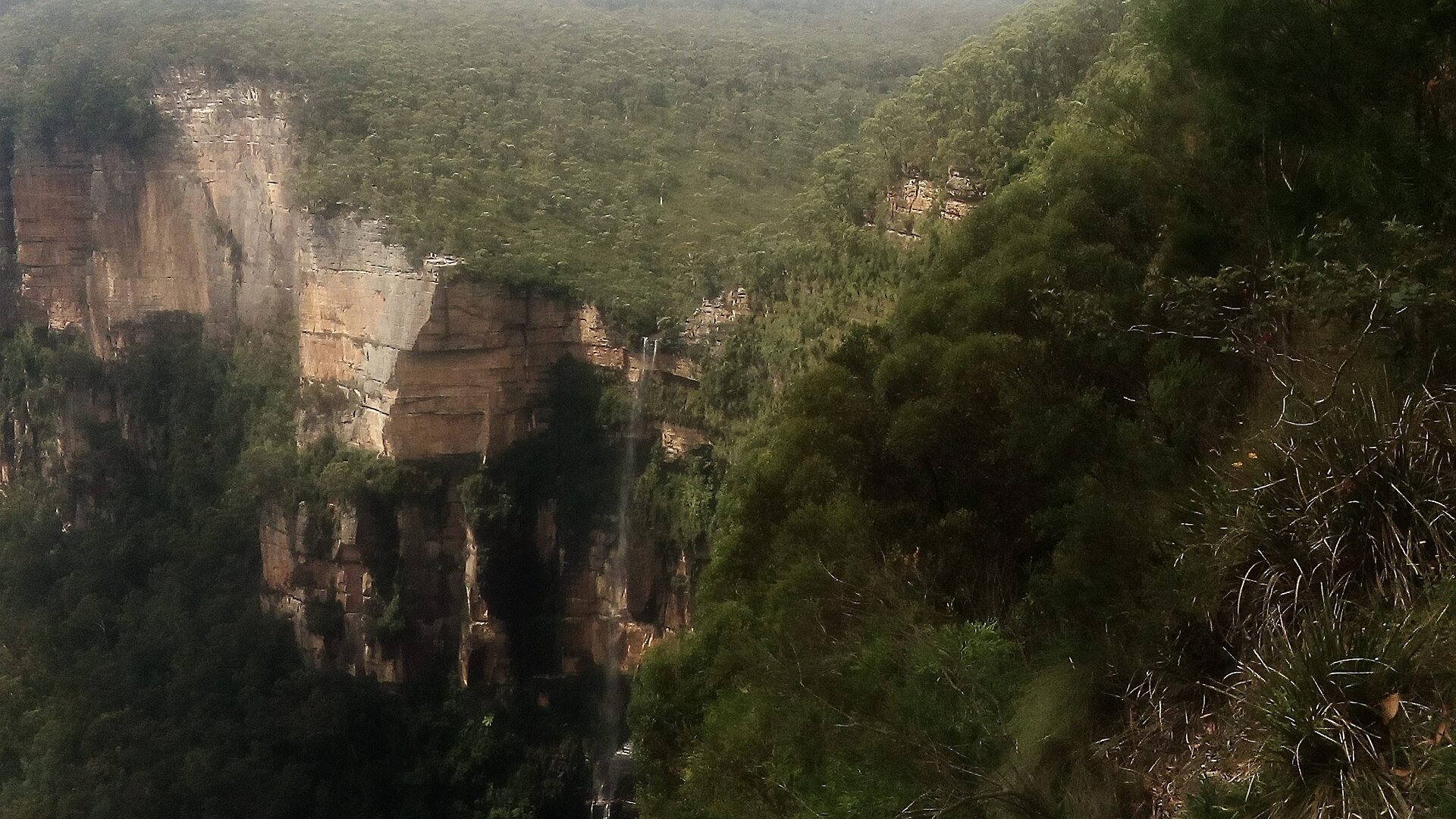 Cloud hanging over sandstone cliffs and the thin ribbon of Bridal Veil Falls seen from Govetts Leap Lookout